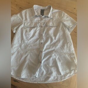 Eddie Bauer Gingham Short Sleeve Button Down Shirt Gray White Women’s Large Prel